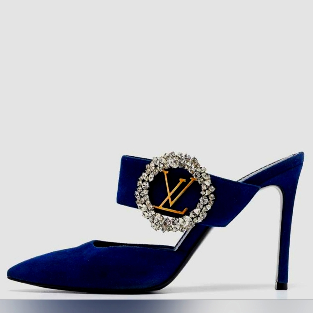 Louis Vuitton Navy Blue Suede Crystal Mules